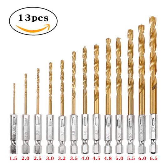13Pcs Impact Drill Bit Set, HSS Titanium Coated Twist Hex Shank Drill Bit Set for Metal, Steel, Wood, Plastic, Quick Change Design