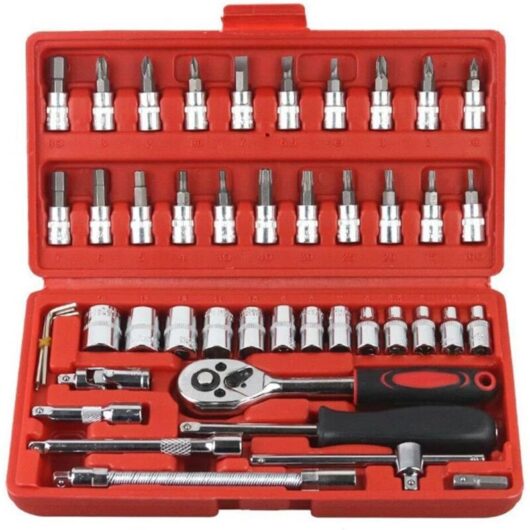 46 Piece 1/4 Inch Drive Socket Ratchet Wrench Set with Metric Sockets and Extension Bar for Auto Repair and Household