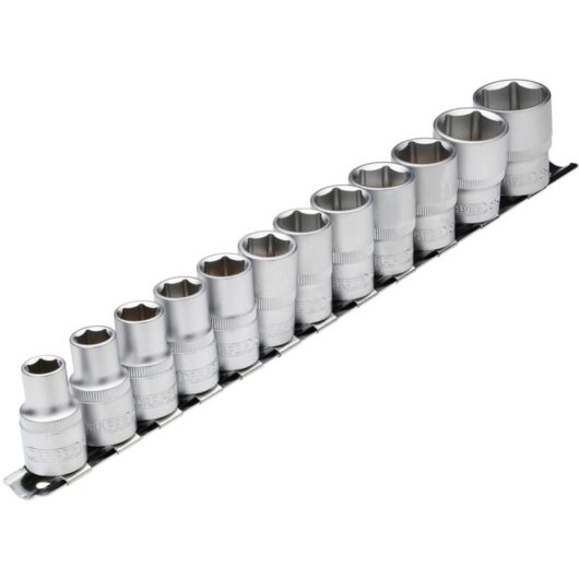 1/2' Square Drive Socket Set on Metal Rail (12 Piece) (16402) - Draper