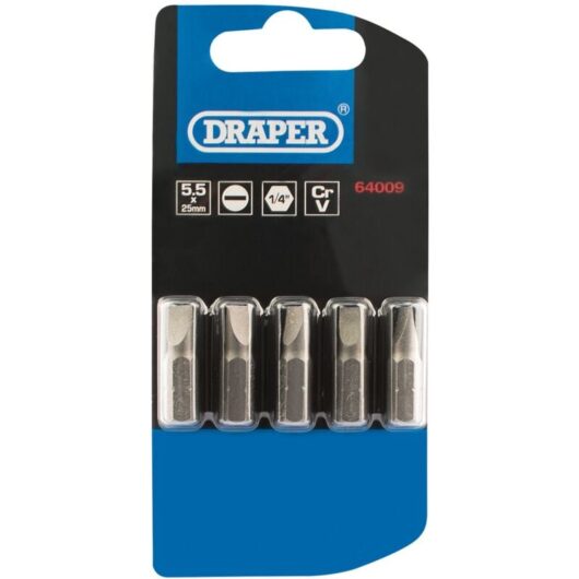 5.5mm 1/4 Hex. Plain Slot Insert Bit 25mm Long x 5 (64009) - Draper