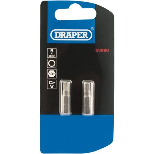 5mm 1/4 Hex. Hexagonal Insert Bit 25mm Long x 2 (63990) - Draper