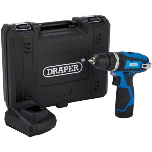 Draper 12V Combi Drill Kit with 1.5Ah Battery, Fast Charger, and 10mm Keyless Chuck
