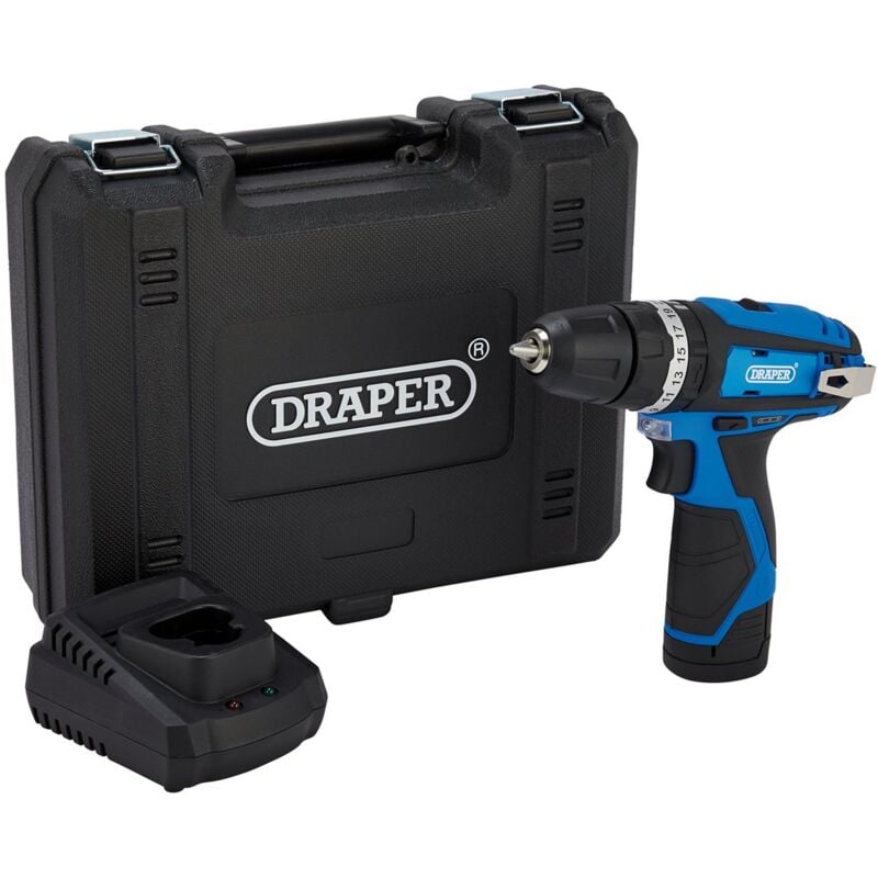 Draper 12V Combi Drill Kit with 1.5Ah Battery, Fast Charger, and 10mm Keyless Chuck