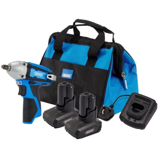 Draper 12V Impact Wrench Kit with 2x 4.0Ah Batteries, Fast Charger, and Tool Bag
