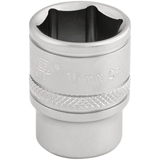 Draper 16mm 6-Point Socket for 3/8" Drive - Micro Satin Chrome Finish, Metric Size (Model 16542)