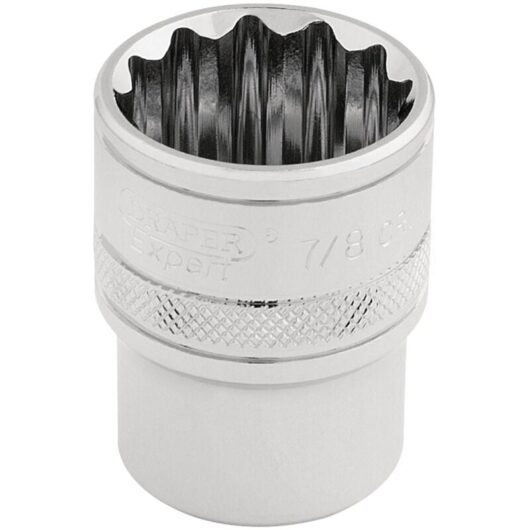 Draper 7/8" AF 12-Point Socket, 1/2" Drive, Packaged, Model 33661, Polished Chrome Finish, Imperial Size