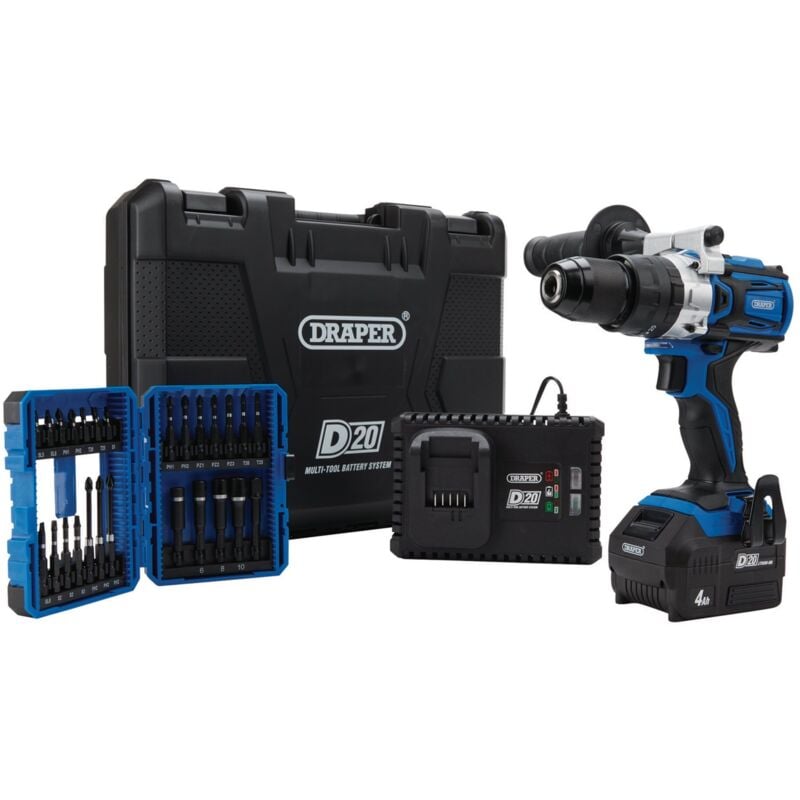 Draper D20 20V Brushless Cordless Combi Drill and Impact Screwdriver Set with 4.0Ah Battery and 26-Piece Bit Kit