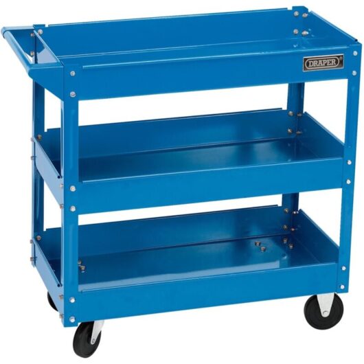 Draper Tools 3-Tier Blue Tool Cart with Sturdy Steel Frame for Garage and Workshop Storage