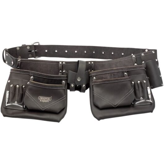 Draper Tools Leather Tool Belt with Pouch, 50mm Width, Black
