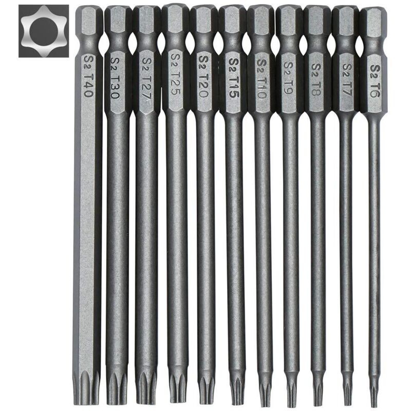 11-Piece Long Torx Screwdriver Bit Set - Magnetic Bits - 1/4" Hex Drive - Sizes T6 to T40 - Length 100mm