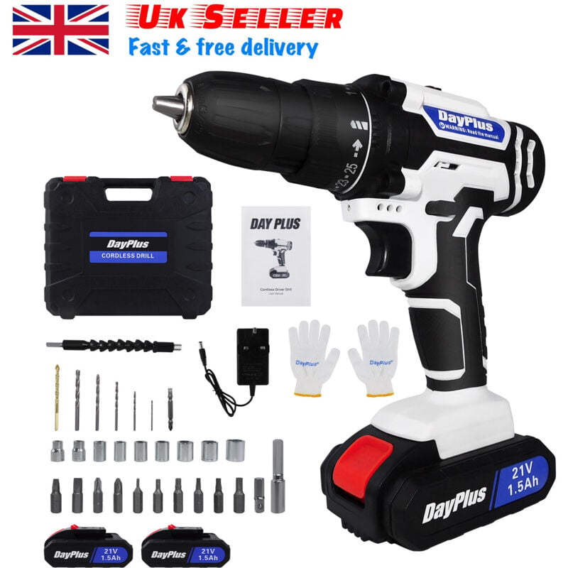 21V Cordless Drill Electric Screwdriver Wireless Driver 25+1 High Torque 45 N.m ,w/ 2x Battery