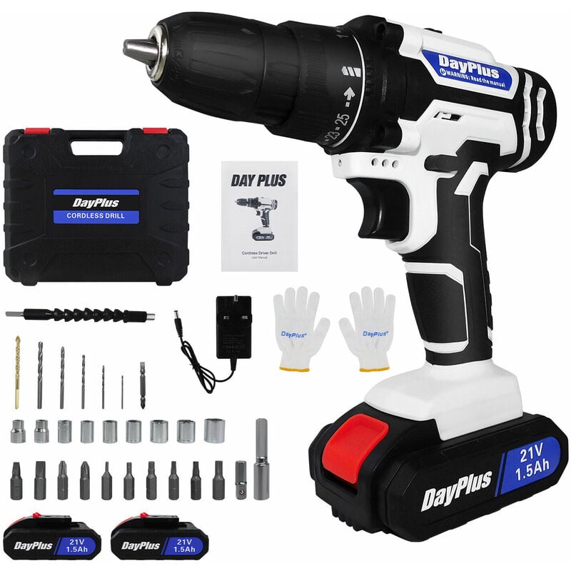 21V Drill 2 Speed Electric led Cordless Drill/Driver w/ Bits Set & 2 Li-ion Battery