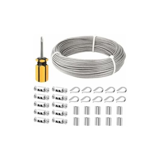 50m/3mm Stainless Steel Wire Rope Coated Stainless Steel Wire Rope with Clamps, M3 Sleeves, Stainless Steel Bushings, 3mm Steel Wire Rope for