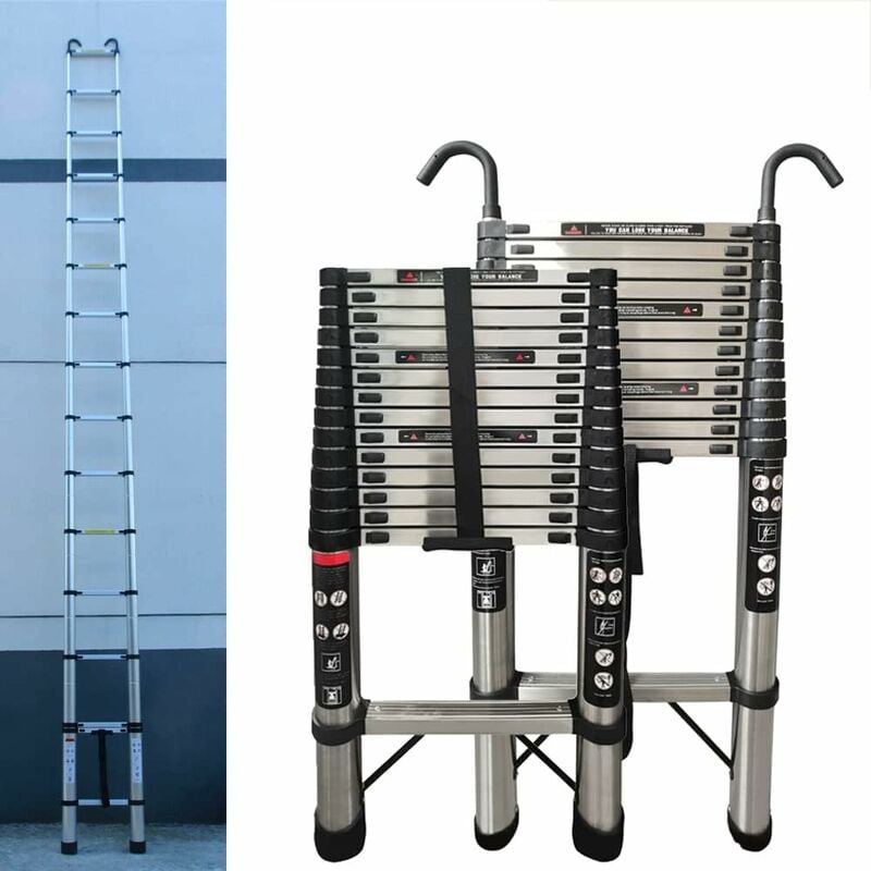 5M Telescopic Ladder Extension Ladder with 2 Detachable Hooks, Stainless Steel Telescopic Extendable Ladder Roof Ladders for Home, Compact Ladder