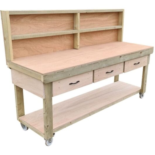 Arbor Garden Solutions - Wooden Eucalyptus Top Workbench With Drawers (1V), 7ft(210cm), With back panel and wheels