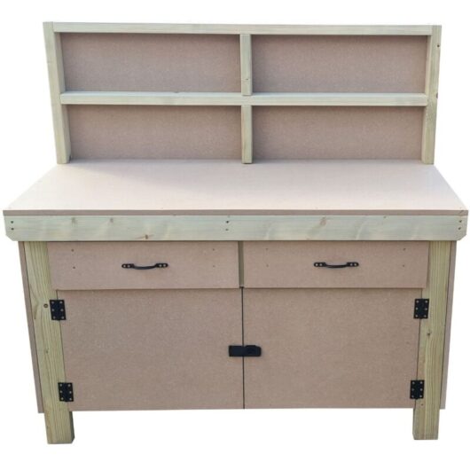 Arbor Garden Solutions - Wooden mdf top storage workbench with lockable cupboard and drawers (V.4) (H-90cm, D-70cm, L-120cm) with back