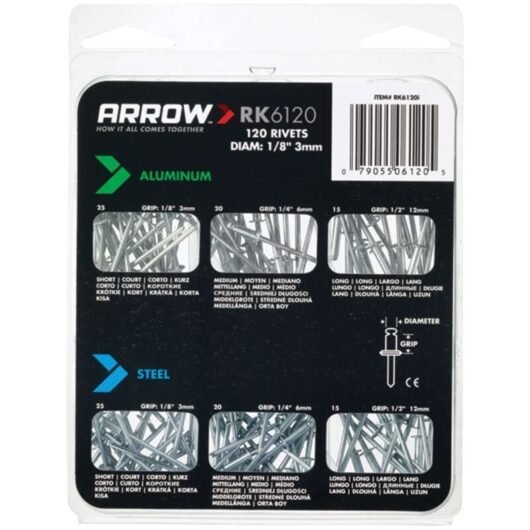 Arrow RK6120 Multi-Size Aluminum Rivet Pack - 120 Pieces