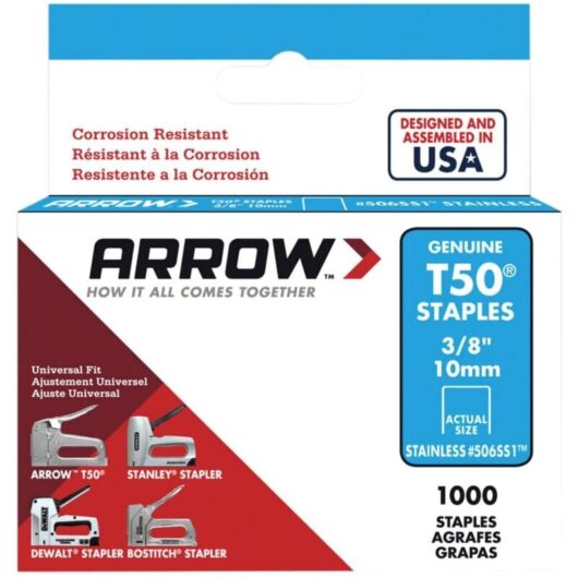 Arrow T50 Staples 10mm (3/8 inch) Stainless Steel for Heavy-Duty Stapling - Pack of 1000 (Model 506SS)