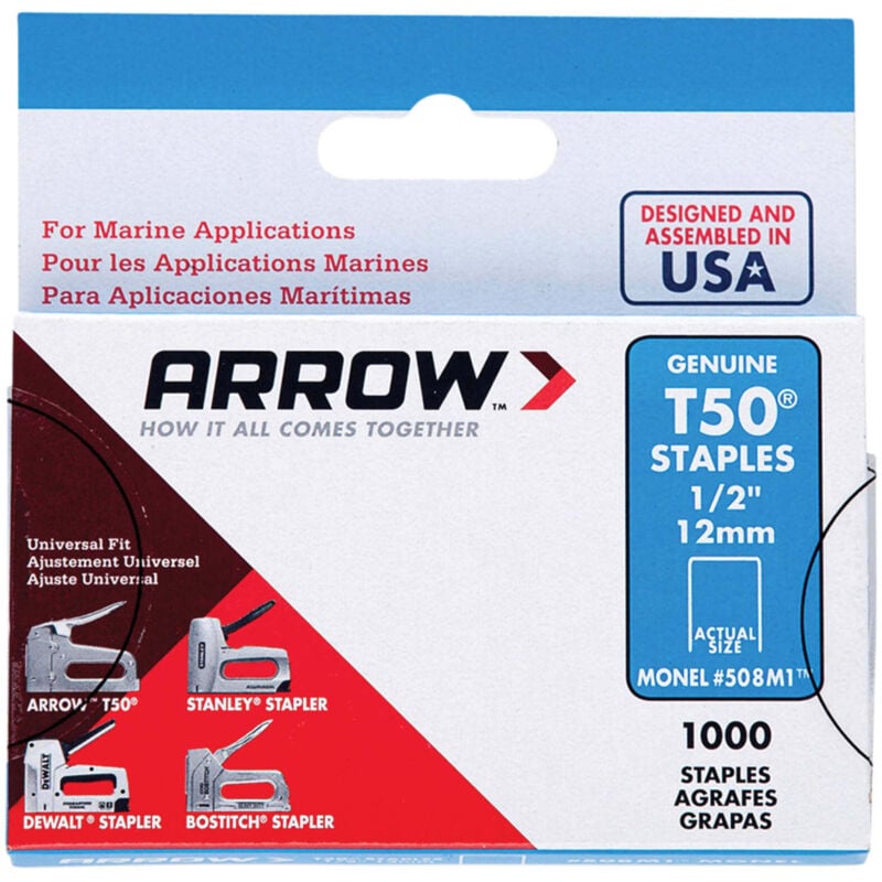 Arrow T50M Monel Staples, 8mm (5/16 inch), Rust-Proof Marine-Grade, 1,000-Count Box
