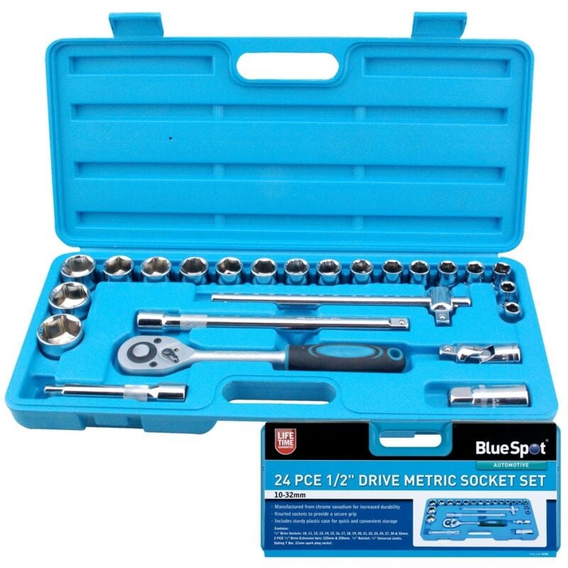 Bluespot 24 Pc Metric Socket Set Ratchet Extention Bar 1/2" Drive 10mm to 32mm