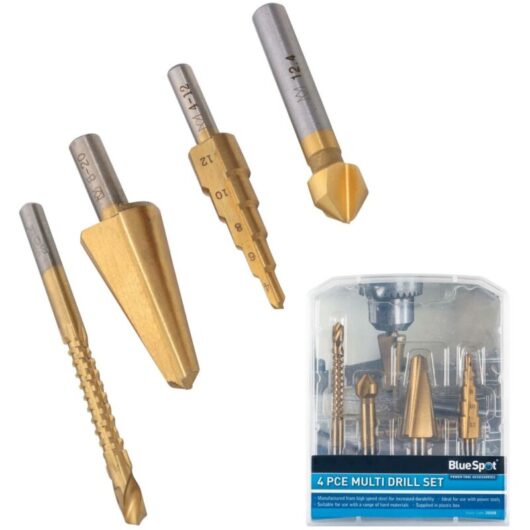 Bluespot 4pc Multi Drill Countersink Step Cone Drill Bit Set Wood Steel Metal