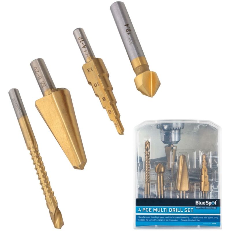 Bluespot 4pc Multi Drill Countersink Step Cone Drill Bit Set Wood Steel Metal