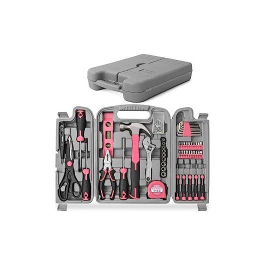 Complete Pink Tool Case 56 Pieces - Tool Set with Storage Box - Hammer, Scissors, Screwdriver, Allen Keys and Tool Kit - for Home or Work Use