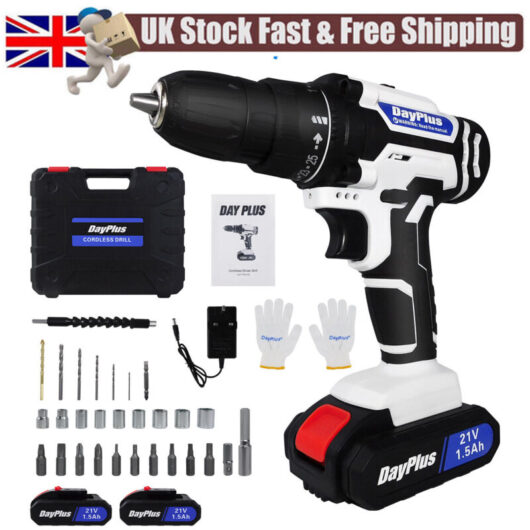 Cordless Electric Drill 21V Driver Screwdriver Drills Tool Combi w/ 2x Battery,1xCharger, 1x Gloves(pair), 29x Drill Bits, 1x Storage Case, 1x manual