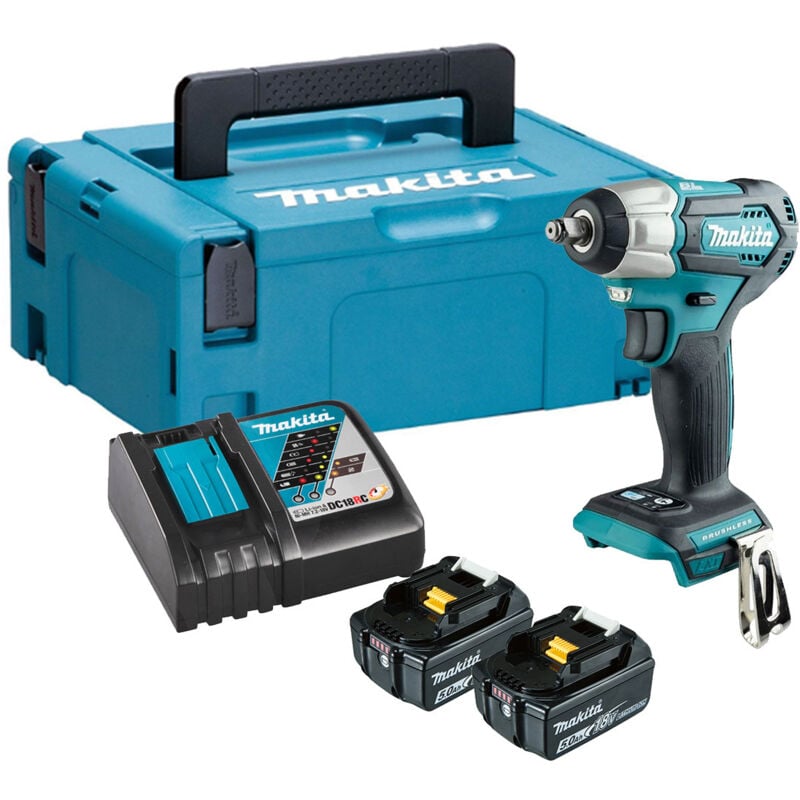 DTW180RTJ 18V lxt 3/8' Brushless Impact Wrench - 2 x 5.0Ah Batteries, Charger & Makpac 2 Case - Makita