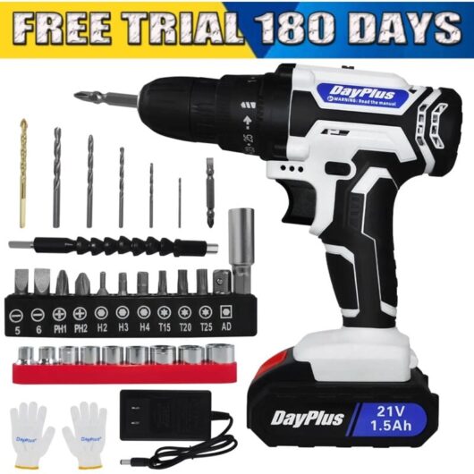 Dayplus - 21-Volt Drill 2 Speed Electric Cordless Drill / Driver with Bits Set & Battery