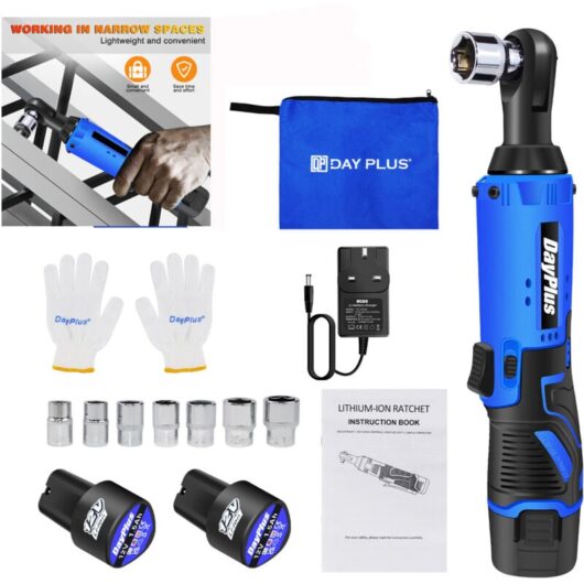 Dayplus - 3/8'' 120Nm Cordless Electric Ratchet Rattle Right Angle Wrench with 2 Battery