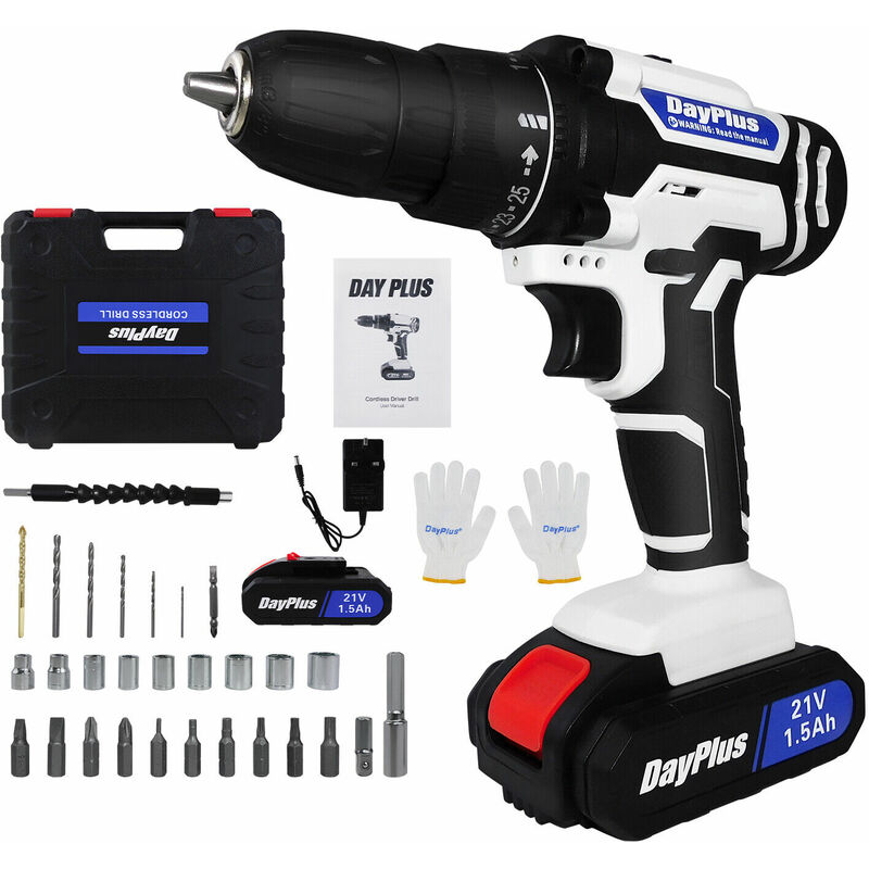 Dayplus - Cordless Drill and Electric Driver w/21V 1500mAh Rechargeable Battery and Charger Kit, 25+1 Torque and 3/8'' Chuck Electric Wall Drill