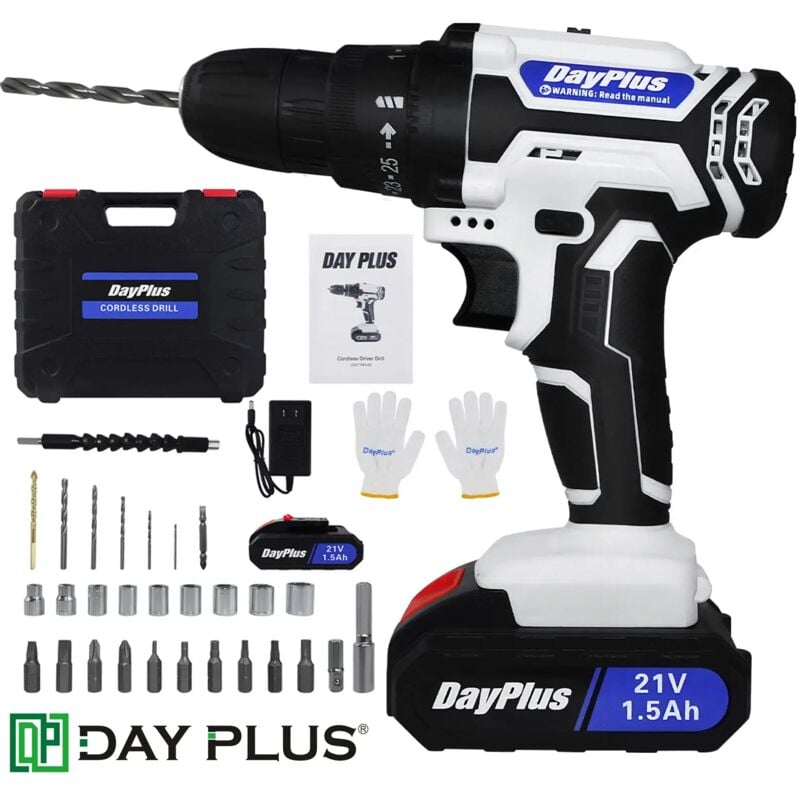 Dayplus - Cordless Screwdriver Drill Kit Electric Rechargeable Battery + Fast Charger+Case