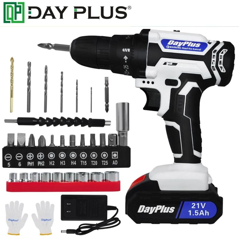 Dayplus - Cordless Screwdriver Drill Kit Electric Rechargeable Tool Set 1500mAh Battery