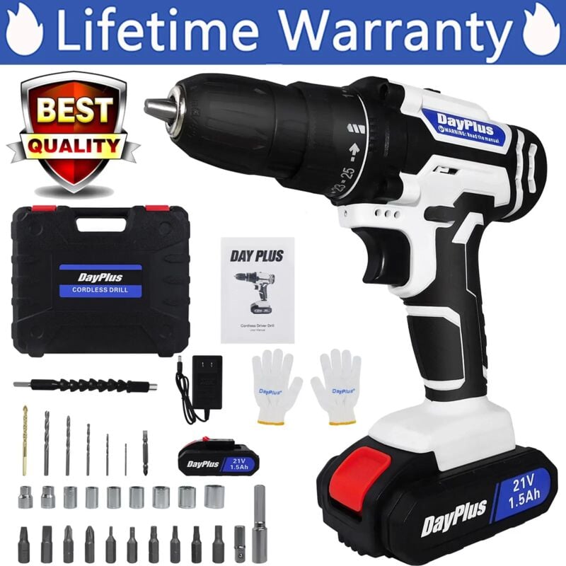 Dayplus - Cordless Screwdriver Drill Kit Electric Rechargeable Tool Set 2X 1500mAh Battery