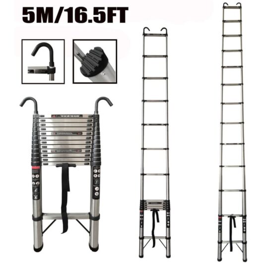 Dayplus - EN131 Telescopic Ladder 5M/16.5FT Multi-Purpose Folding with 2 Detachable Hooks
