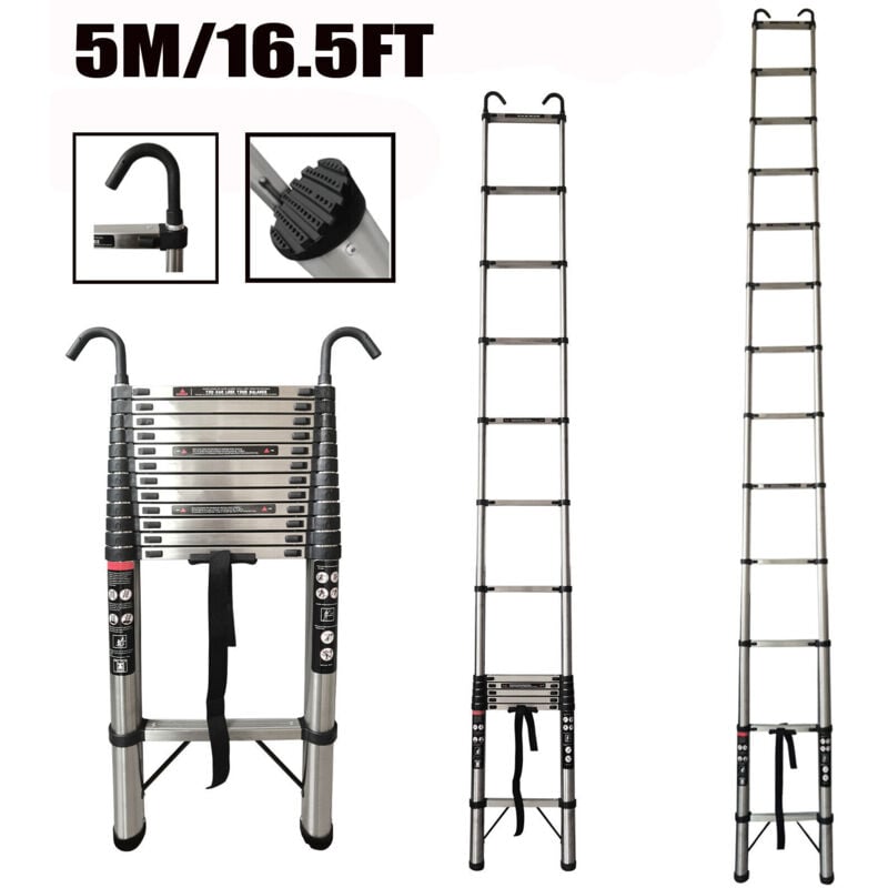 Dayplus - EN131 Telescopic Ladder 5M/16.5FT Multi-Purpose Folding with 2 Detachable Hooks