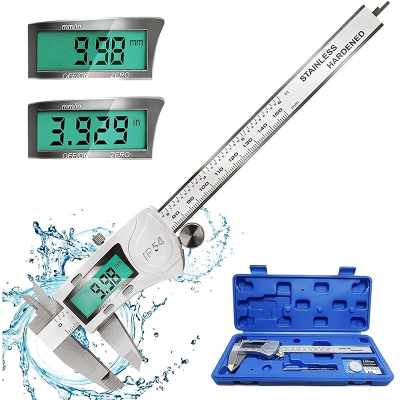 Digital Caliper, 150mm/6'' Stainless Steel Digital Caliper, Digital Vernier Micrometer Tool, IP54 Waterproof, Large LCD Display, mm/inch, 2