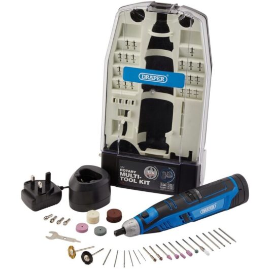 Draper 12V Rotary Multi-Tool Kit with Interchangeable Accessories, 50-Piece Set, Includes 1.5Ah Battery and Fast Charger