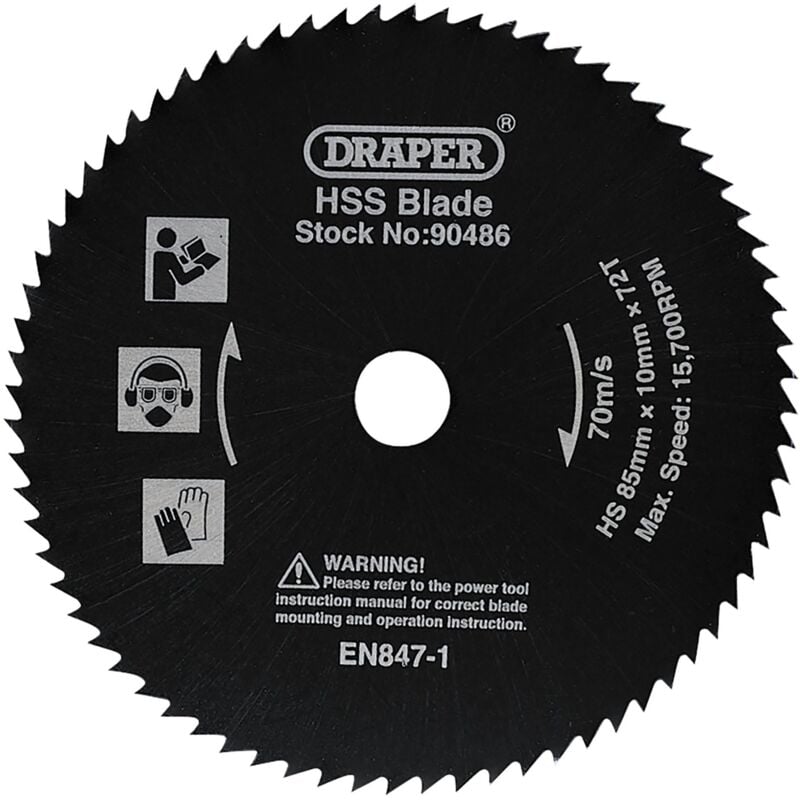 Draper - hss 85mm Mini Circular Saw Blade 1.3mm Kerf 72T 10mm Metal Wood Cut 90486