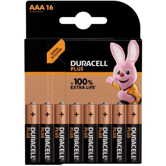Duracell S19037 AAA Alkaline Batteries - 16-Pack, 100% Plus Power for Long-Lasting Performance