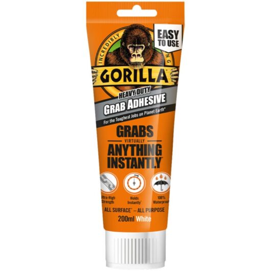 Gorilla Heavy-Duty Grab Adhesive in White - 200ml, Strong Bonding for Construction and DIY Projects