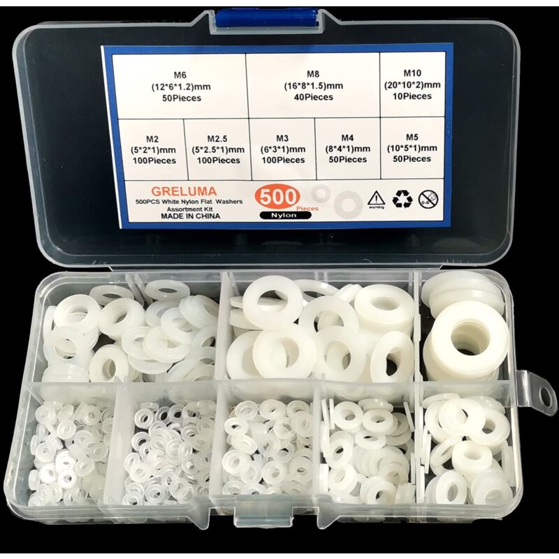 Longziming - 500 Pieces M2 M2.5 M3 M4 M5 M6 M8 M10 Nylon Plastic Washer Flat Washer Screw Bolt Assortment Kit, White