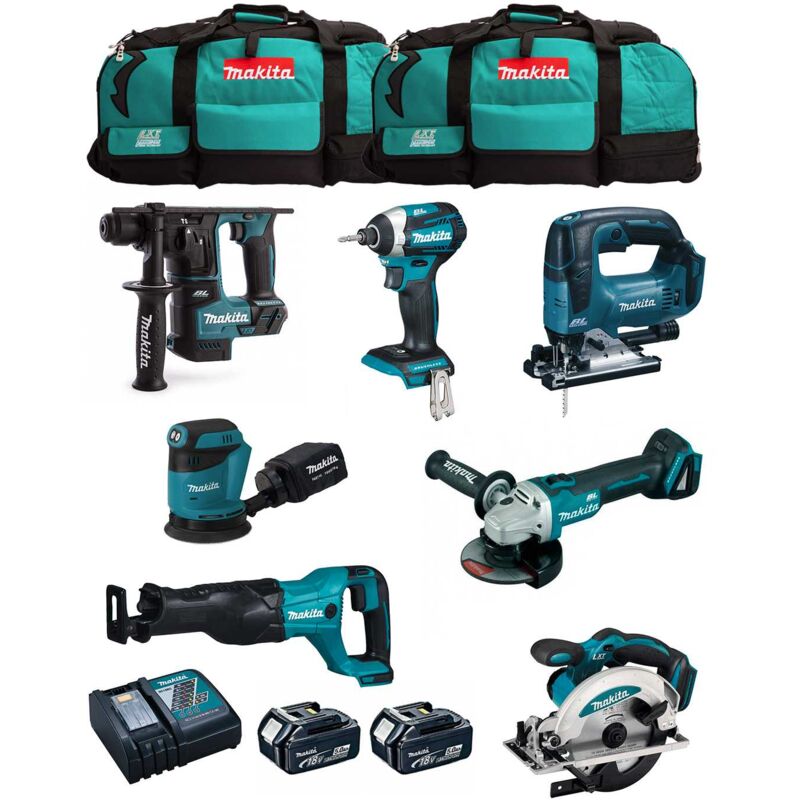 Makita - Kit MK704 (DHR171 + DGA504 + DTD154 + DJR186 + DJV182 + DSS610 + DBO180 + 2 x 5,0 Ah + DC18RC + 2 x LXT600)