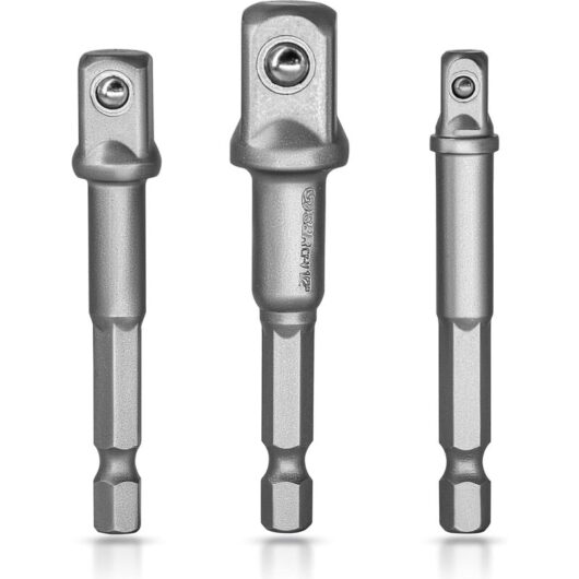 Memkey - s&r socket adapter for drill/impact wrench. Set of 3 square chuck adapters 1/4', 1/2', 3/8' made of chrome vanadium (light gray)