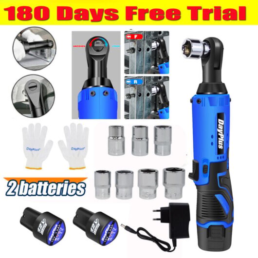 Powerful 120Nm Electric Cordless 3/8'' 12V Right Ratchet Angle Wrench Tool & 2 Battery