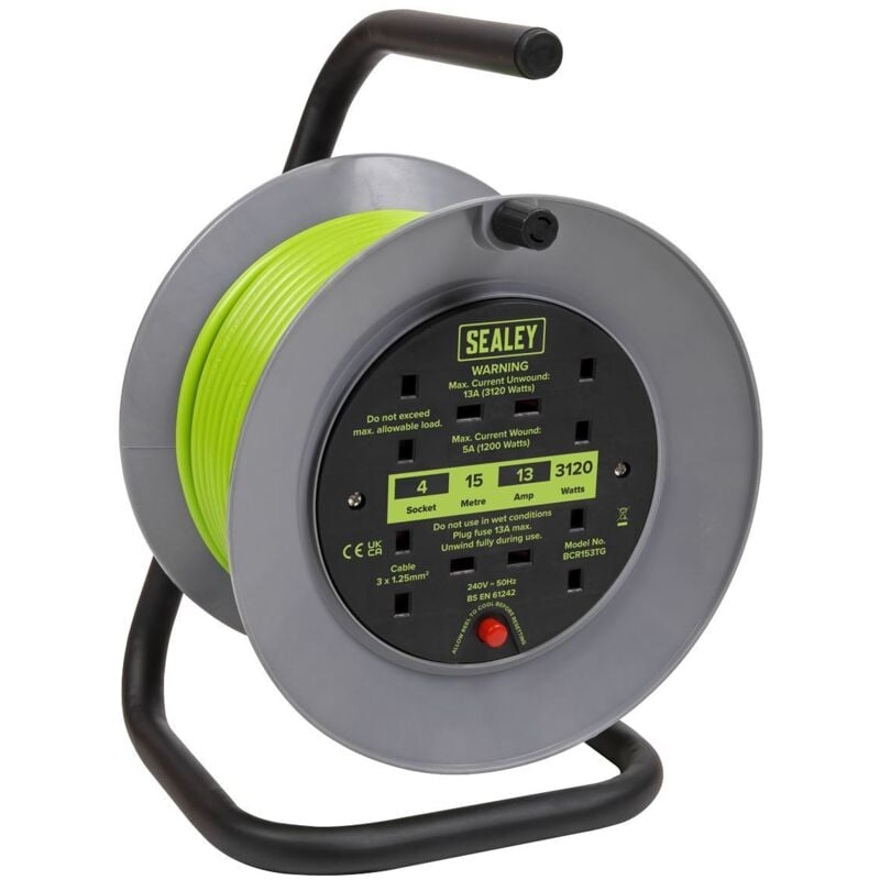 Sealey - BCR153TG 15m Cable Reel with Thermal Trip 4 x 230V - Hi-Vis Green