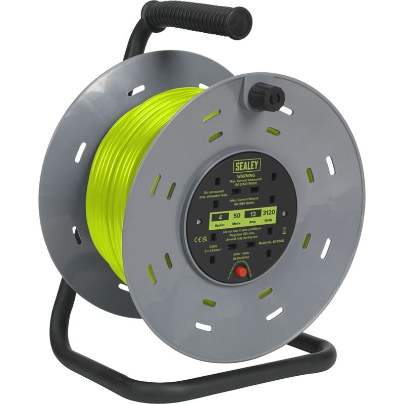 Sealey - BCR50G 50m Cable Reel with Thermal Trip 4 x 230V - Hi-Vis Green