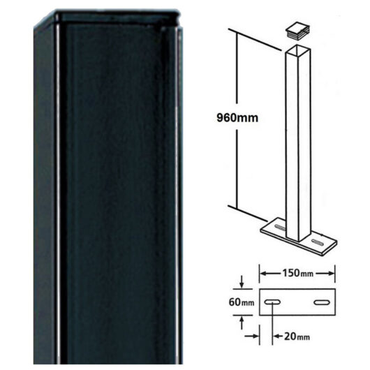 Square Flat Top Bolt-Down Blank Post - Solid Steel - L50 x W50 x H960 mm - Electro Galvanised/Black Powder Coated