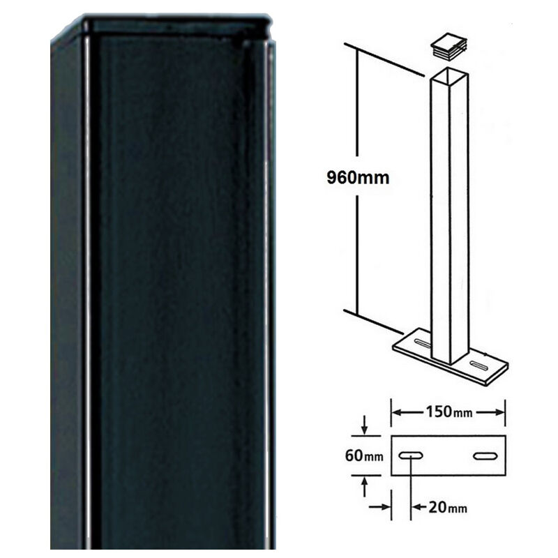 Square Flat Top Bolt-Down Blank Post - Solid Steel - L50 x W50 x H960 mm - Electro Galvanised/Black Powder Coated